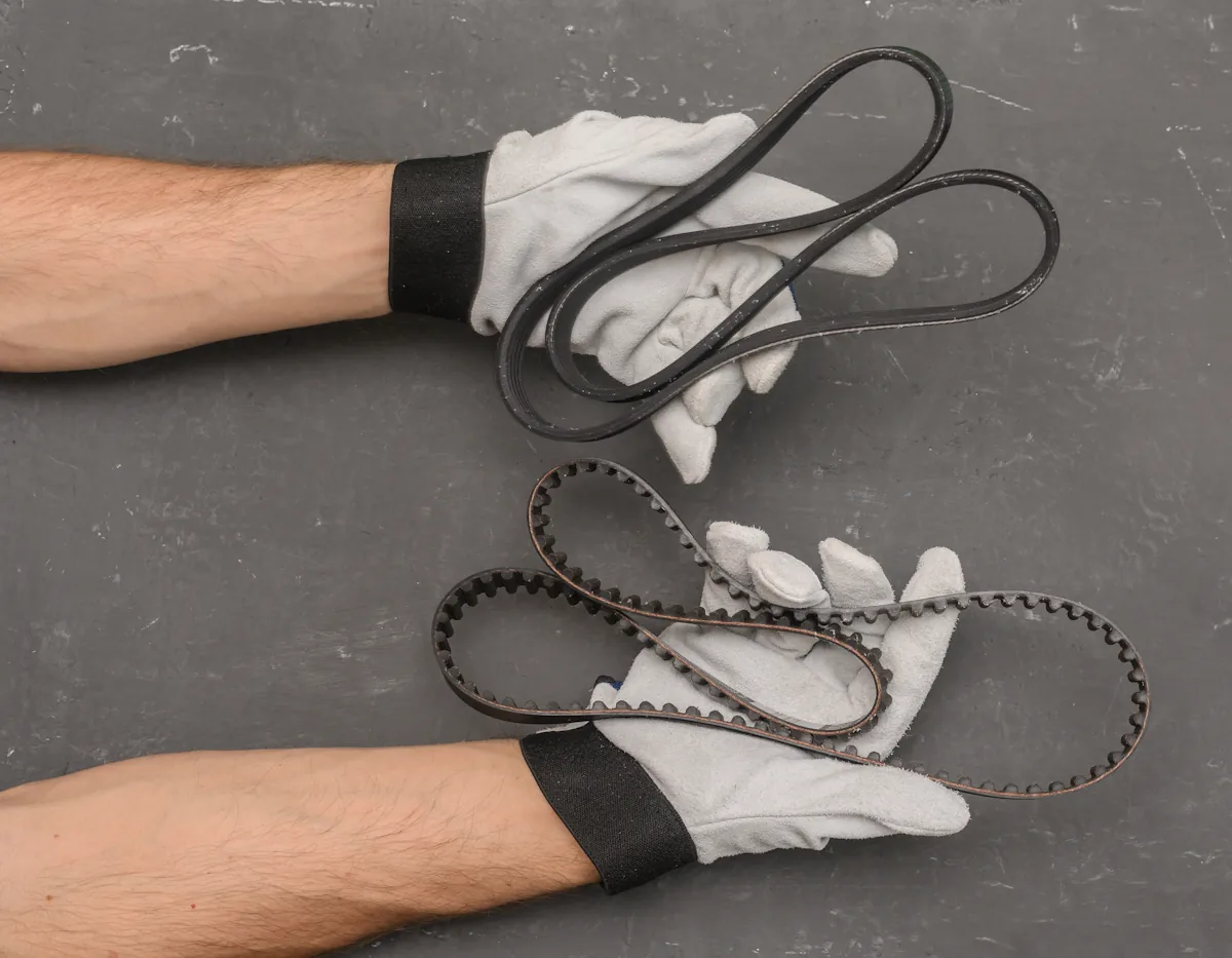 Une personne qui tient des courroies et une chaîne de distribution dans ses deux mains